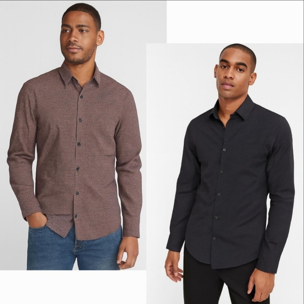 2 Express Men's Casual Button Down Shirts - Red Extra Slim and Black Classic SzL